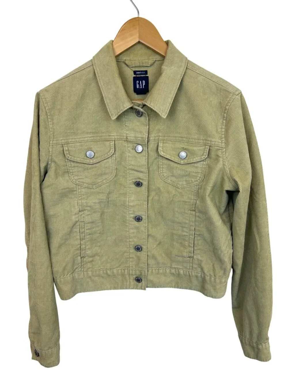 GAP Women's L Tan Cropped Corduroy Jacket Button Up Pockets Spring Preppy Coat